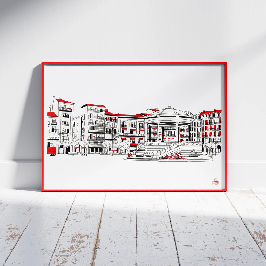 Ilustración a color, Plaza del Castillo Pamplona, tamaño A4
