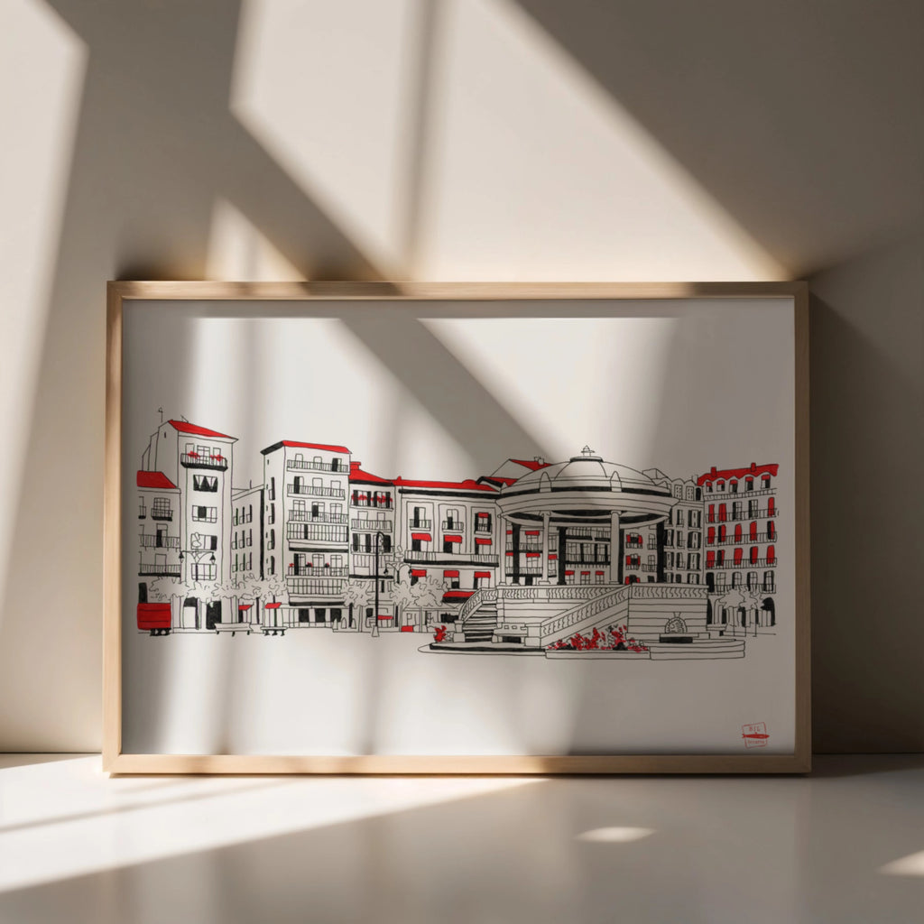 Ilustración a color, Plaza del Castillo Pamplona, tamaño A4