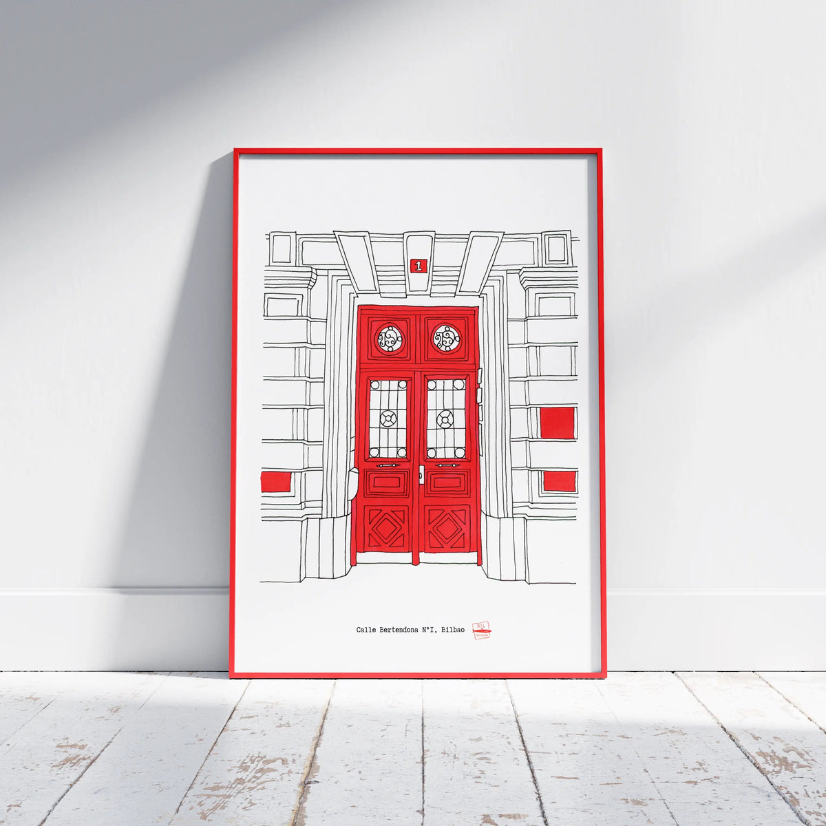 Ilustración Puerta Roja, Calle Bertendona 1, Bilbao, tamaño A4