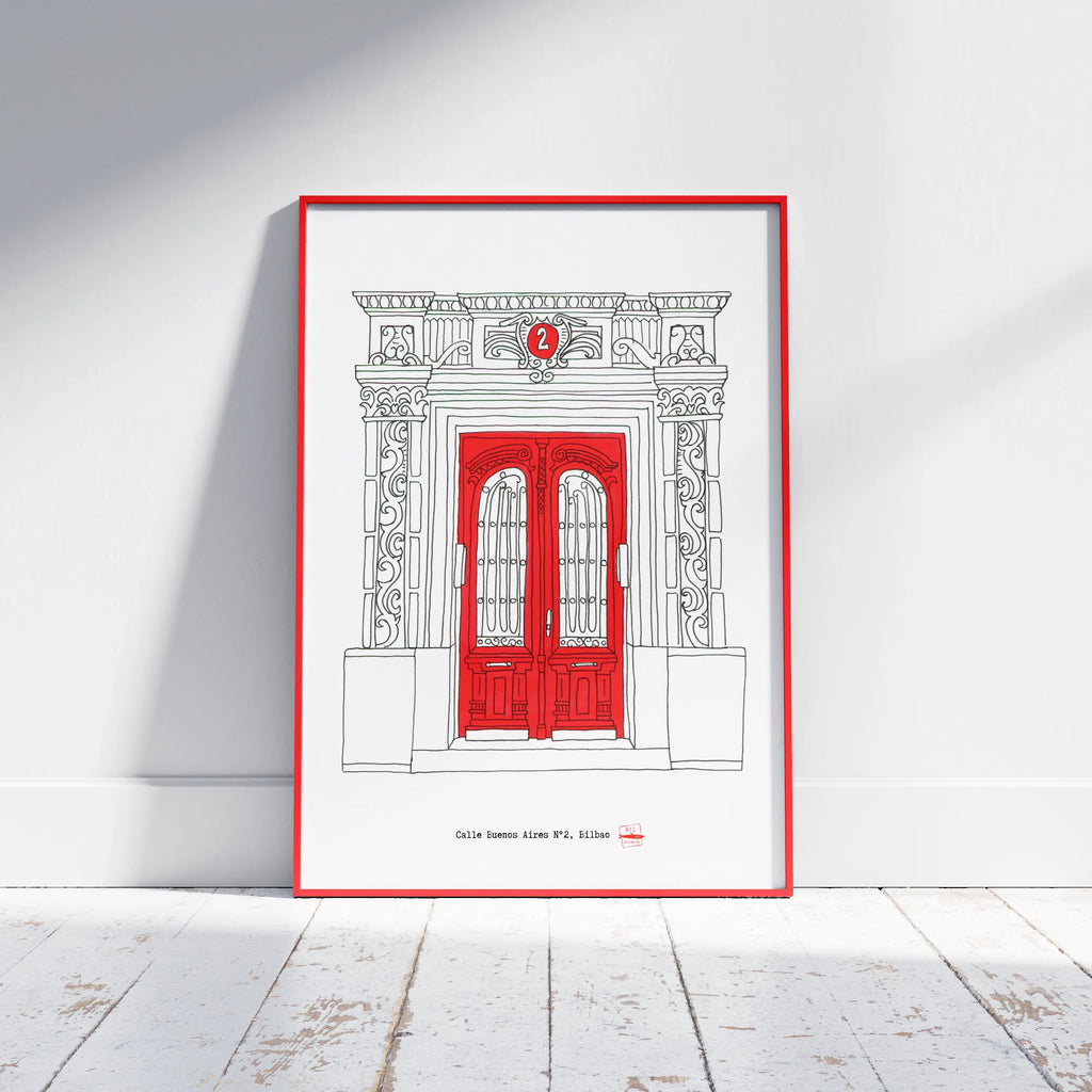 Ilustración Puerta Roja, Calle Buenos Aires 2, Bilbao, tamaño A4