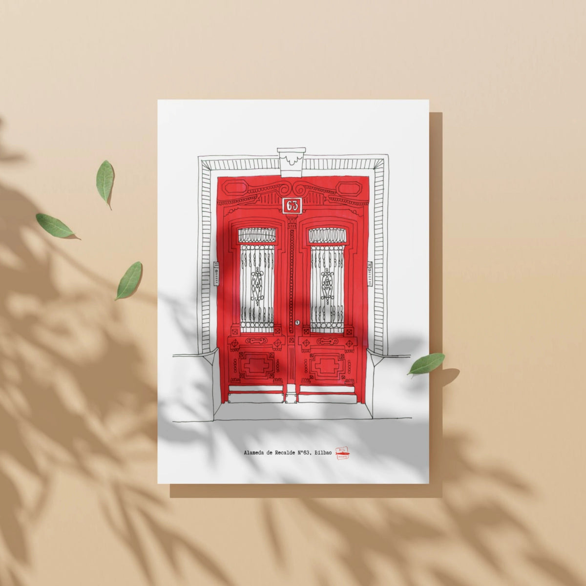 Ilustración Puerta Roja, Calle Alameda Recalde 63, Bilbao, tamaño A4
