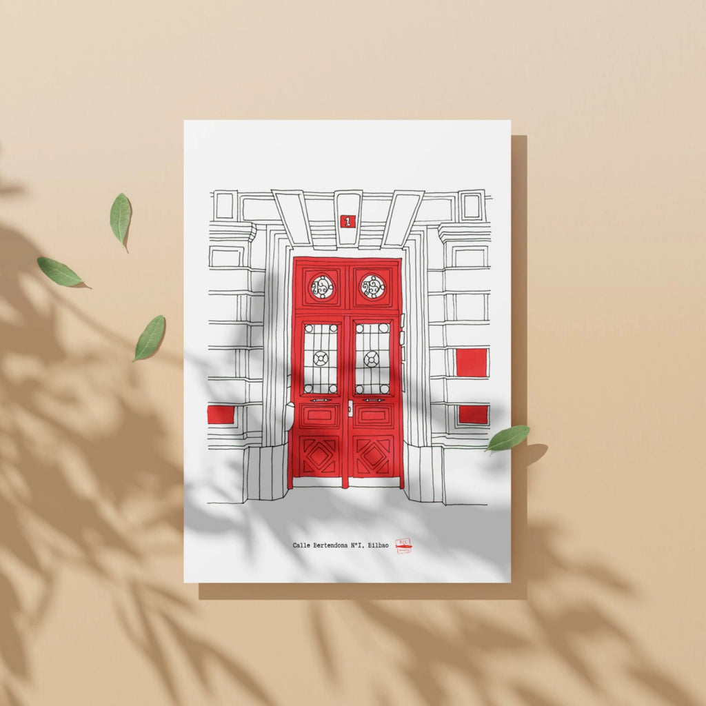 Ilustración Puerta Roja, Calle Bertendona 1, Bilbao, tamaño A4
