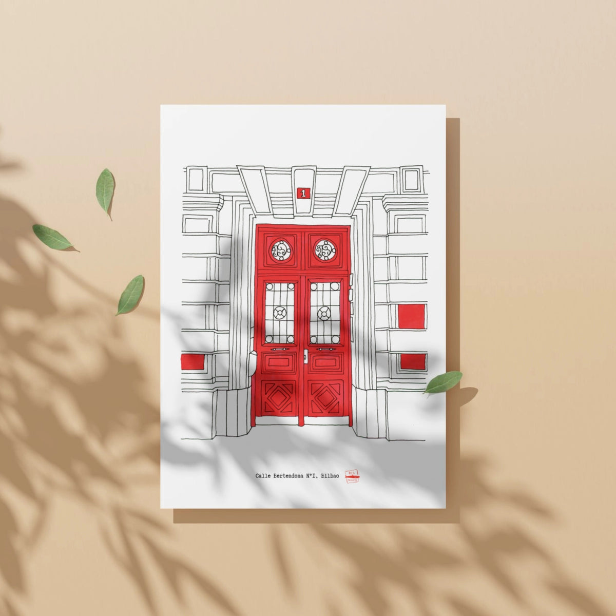 Ilustración Puerta Roja, Calle Bertendona 1, Bilbao, tamaño A4