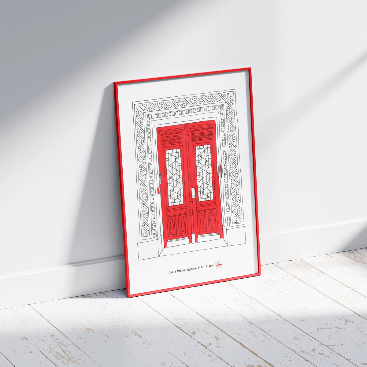 Ilustración Puerta Roja, Calle Máximo Aguirre 16, Bilbao, tamaño A4