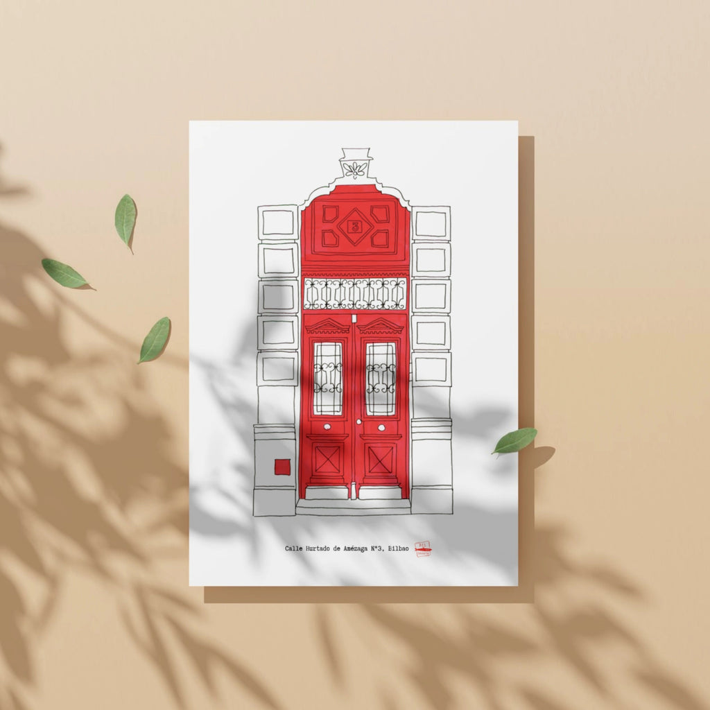 Ilustración Puerta Roja, Calle Hurtado Amézaga 3, Bilbao, tamaño A4