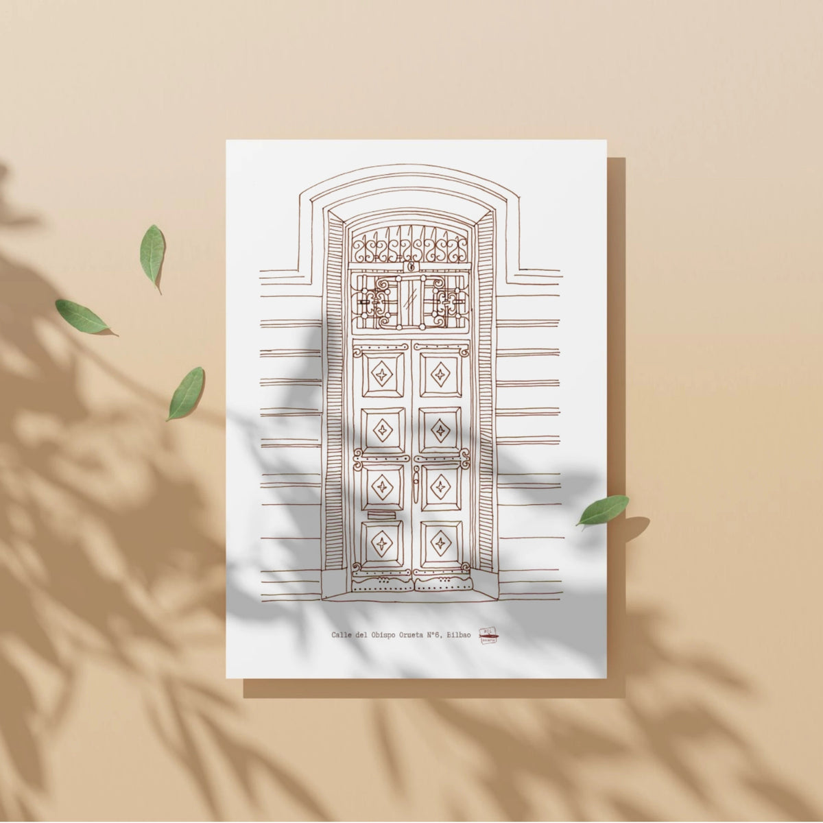 Ilustración Puerta Calle del Obispo Orueta 6, Bilbao, tamaño A4, color sepia
