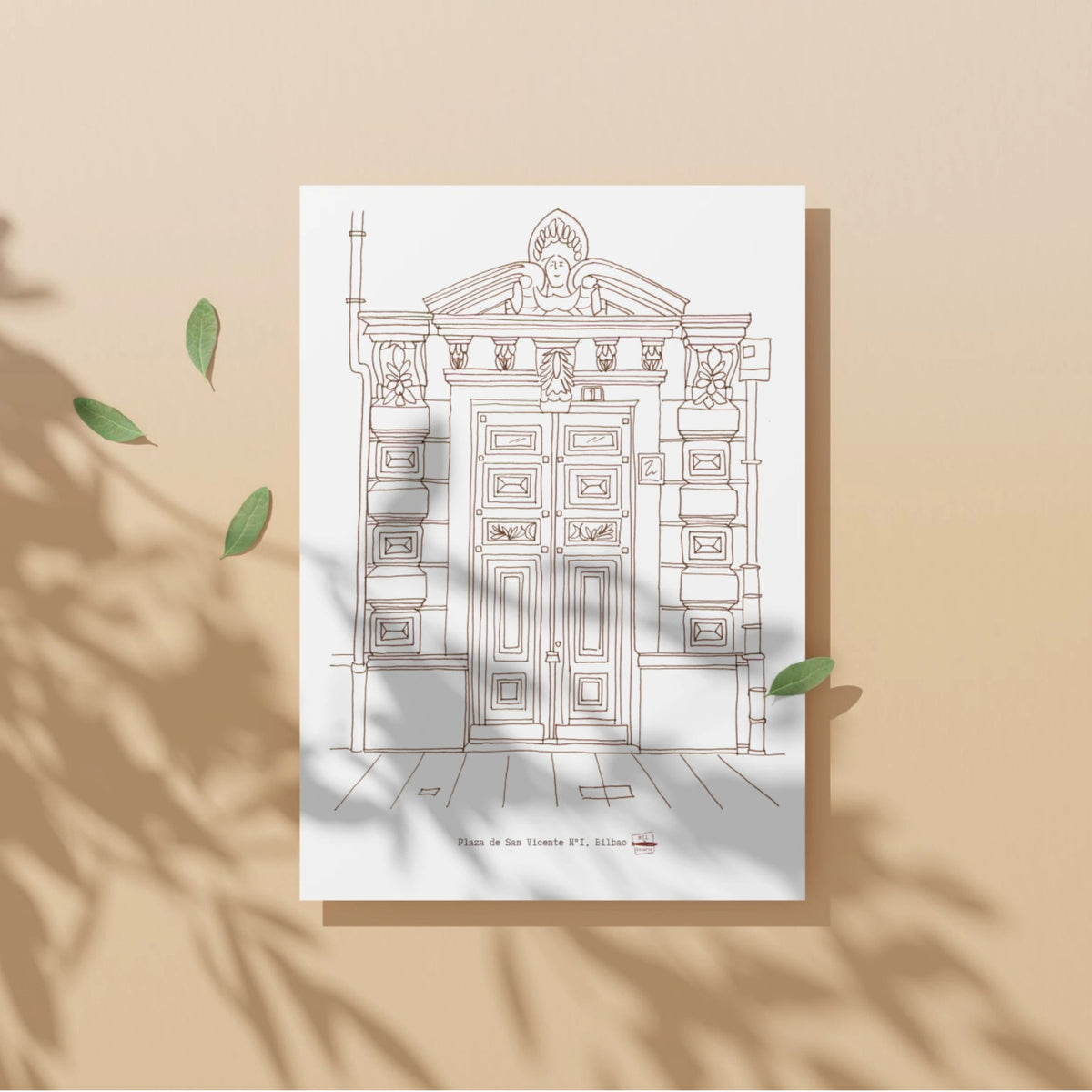 Ilustración Puerta Plaza de San Vicente 1, Bilbao, tamaño A4, color sepia